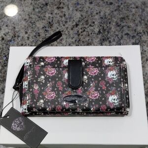 "Ed Hardy" NWT, Black and Pink Floral Clutch/Wristlet 8in X 5in. Holds Bills,